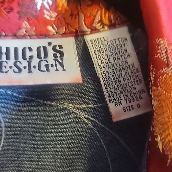 Chico's-Denim patched jacket with red & royal colors, buttoned down front S=6 . - Picture 5 of 10
